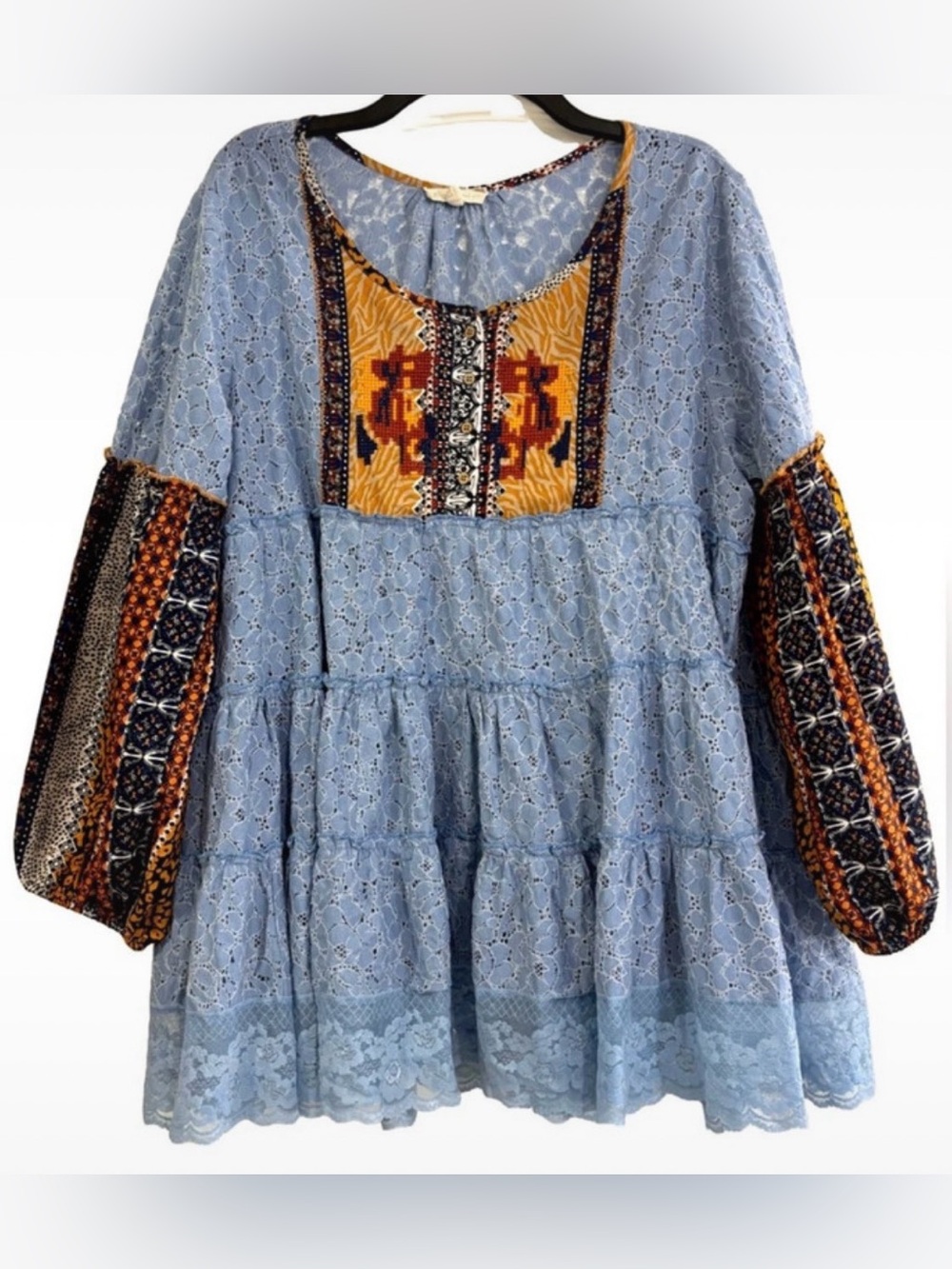 Anthropologie Blue Lace Beaded Embroidered Boho XL Tunic Shirt Blouse Top